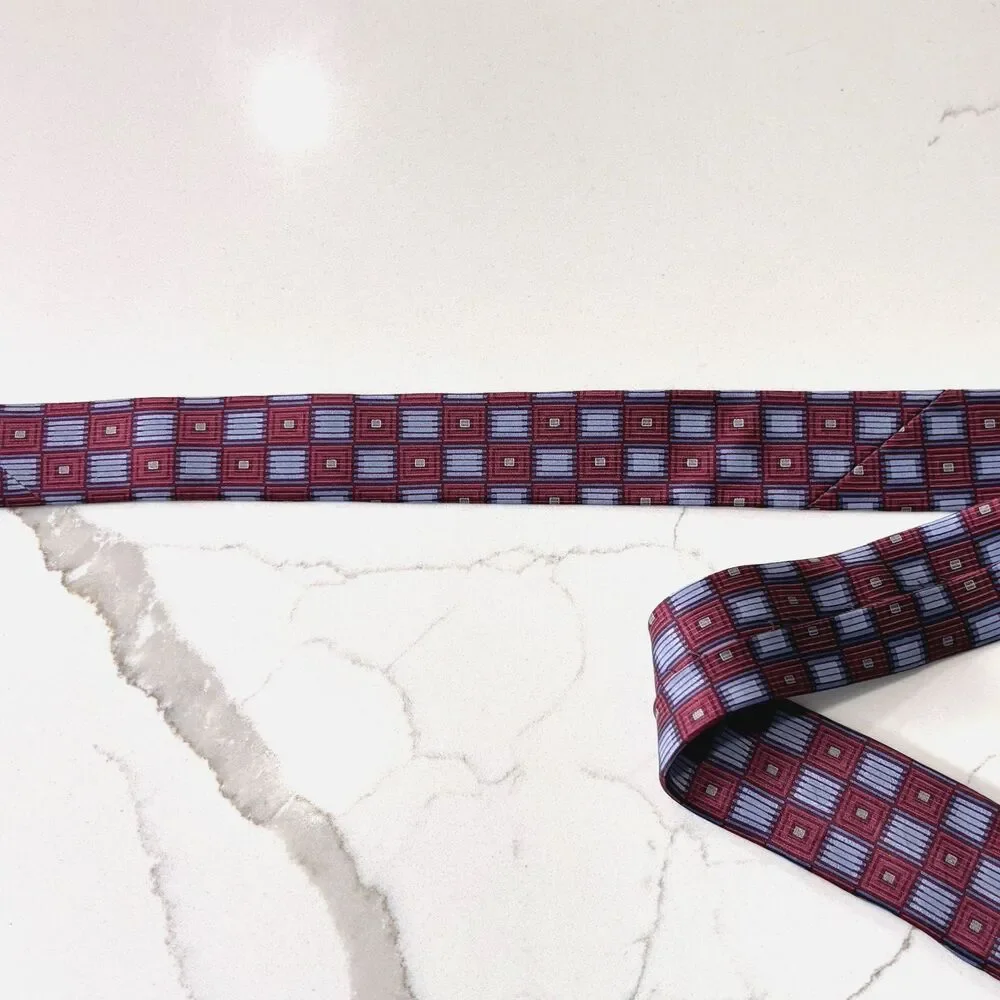 CRAZY HORSE Men's Burgundy Blue Geometric Oxford Tie Necktie 100% Silk Classic